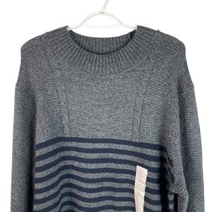 NEW St Johns Bay Mens Crewneck Sweater L Gray Blue Striped Cotton Blend Pullover